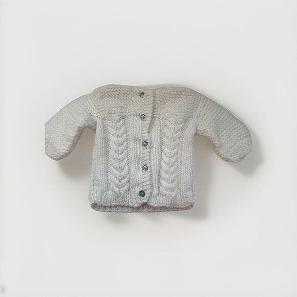 Handmade Cable Knit Baby Sweater Cardigan White Blue Buttons Newborn 0-3M EUC - Picture 2 of 10